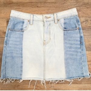 PACSUN LA Jean Denim Mini Skirt Size 26 Colorblock Patchwork Raw Fringe Hem